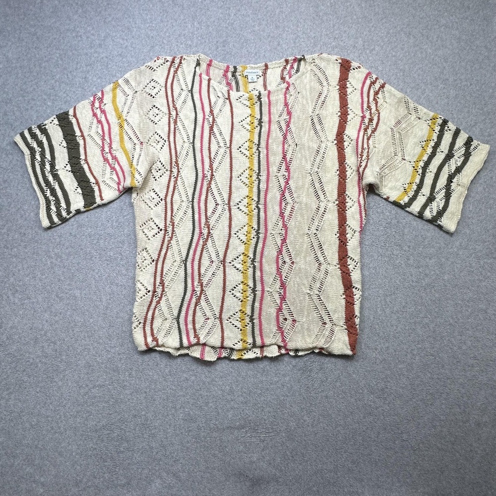 Sundance Sweater Womens Medium Cream Colorful Stripe Open Knit Short Sleeve Top